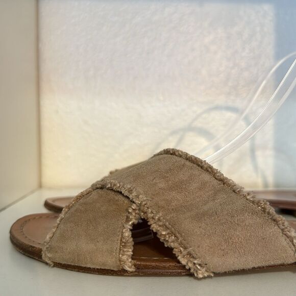 Stuart Weitzman Suede Crossover Slide Sandals Taupe Fringe Trim Minimalist - Picture 7 of 15
